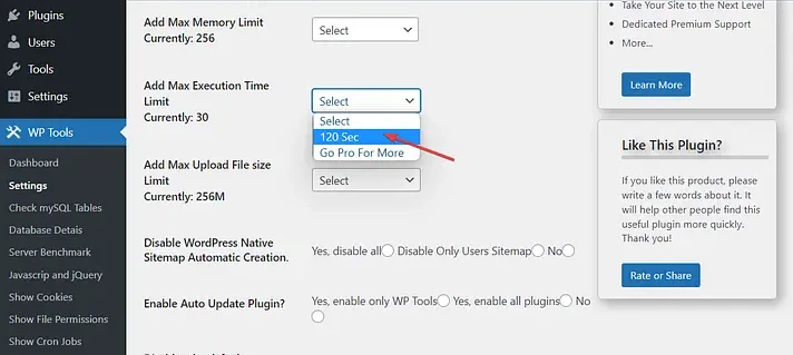 WPTOOLS plugin - How to set max execution time limit