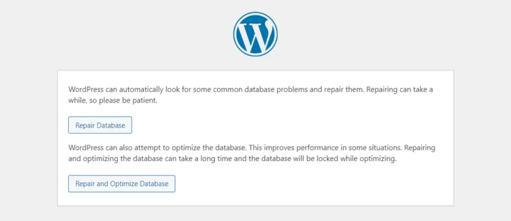 WordPress database repair and optimize screen