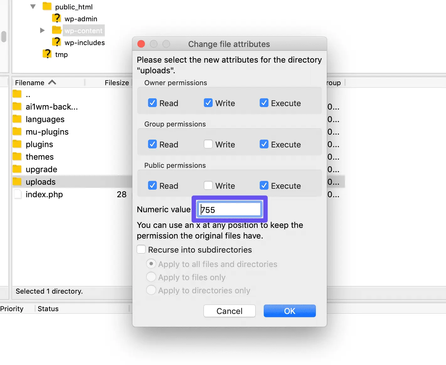 Set folder permissions to 755 in WordPress