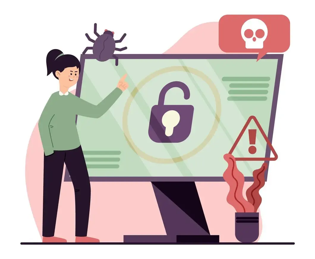 Illustration of a website corrputed by malware or malicious code.