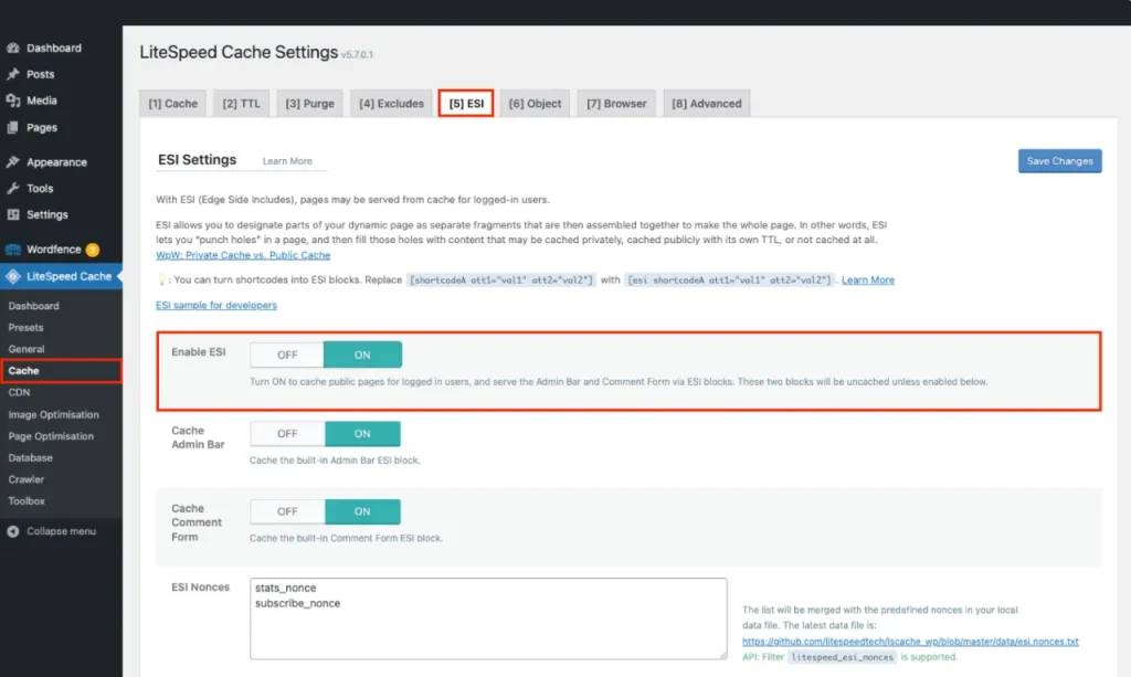  Litespeed Cache settings area ESI tab