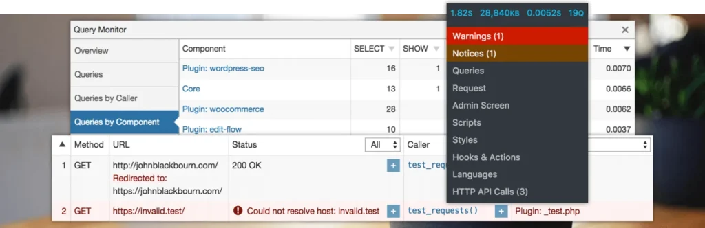 Query Monitor plugin interface displaying database performance issues