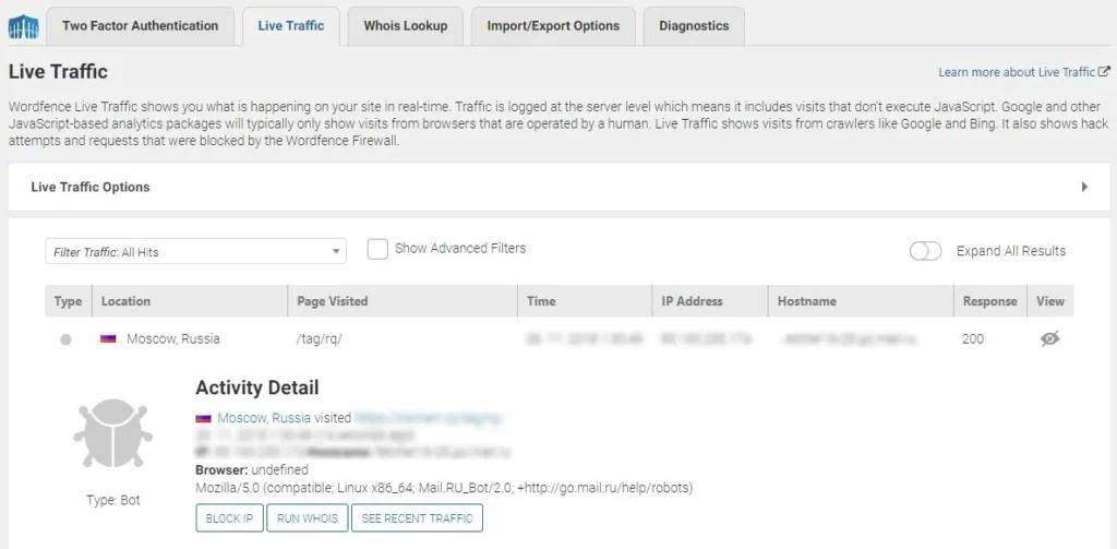 Wordfence live traffic