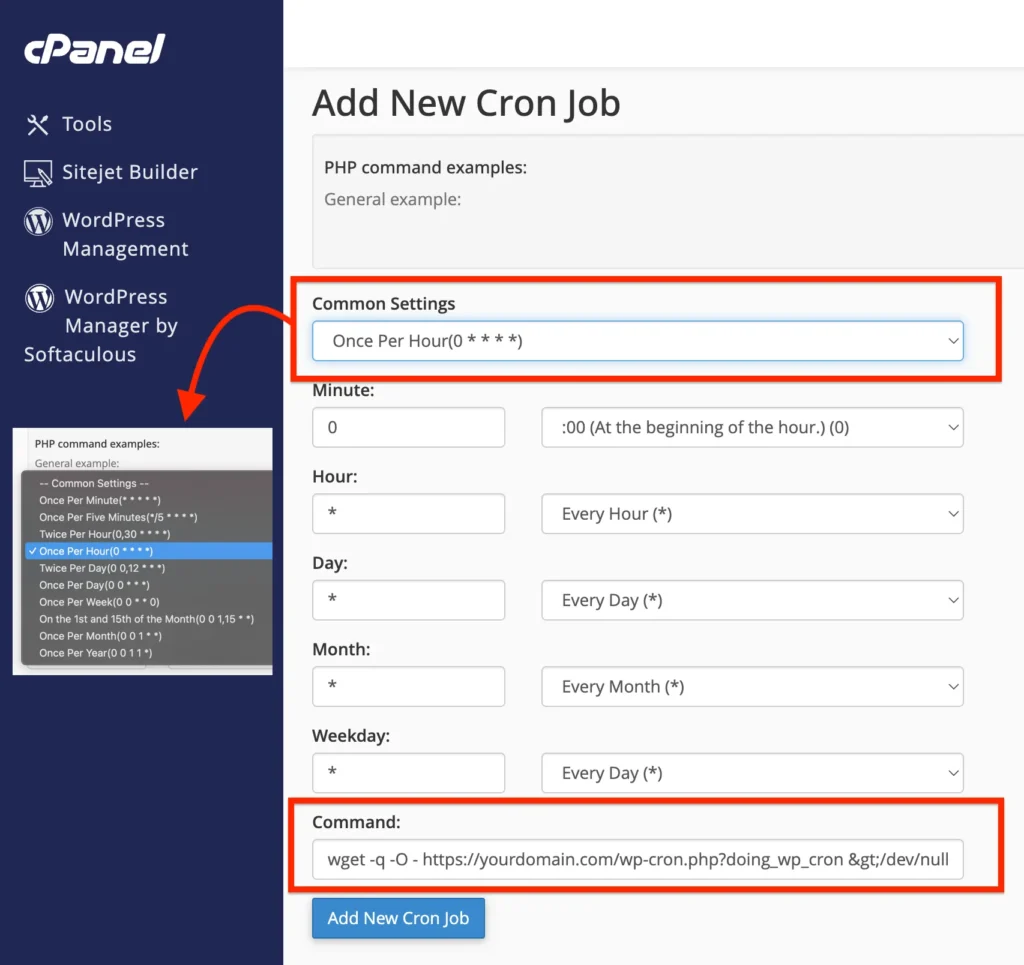 Add new cronjob using cPanel