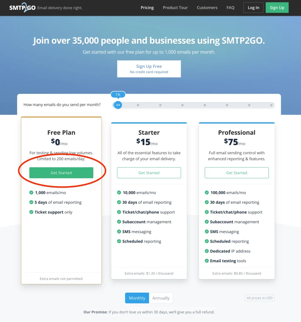smtp2go free plan