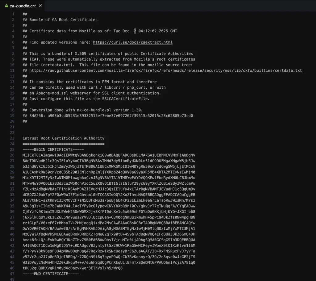 ca-bundle.crt file contents screenshot