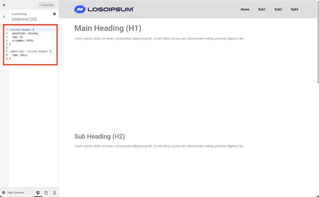 Add Additional CSS for sticky header