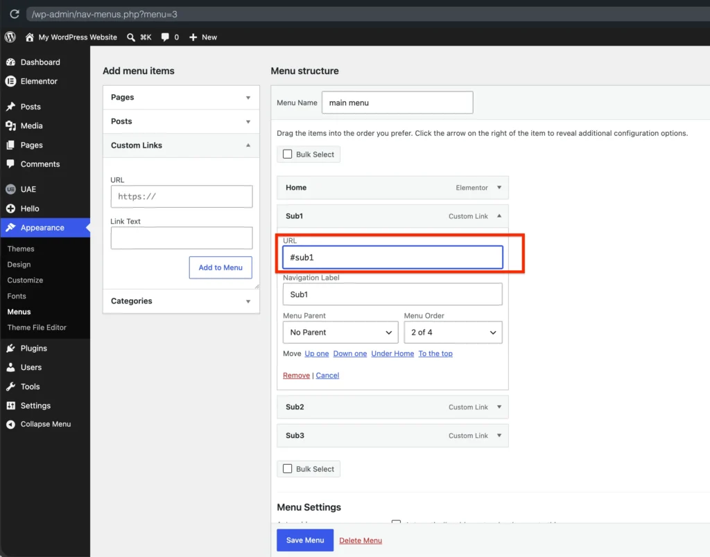 Custom anchor links using WordPress menu