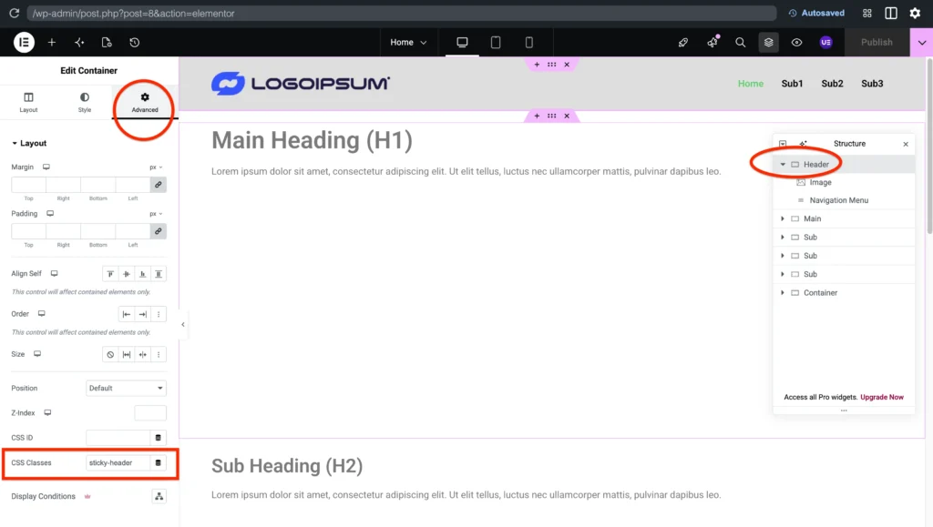 Sticky Header Onepage Layout Elementor Page