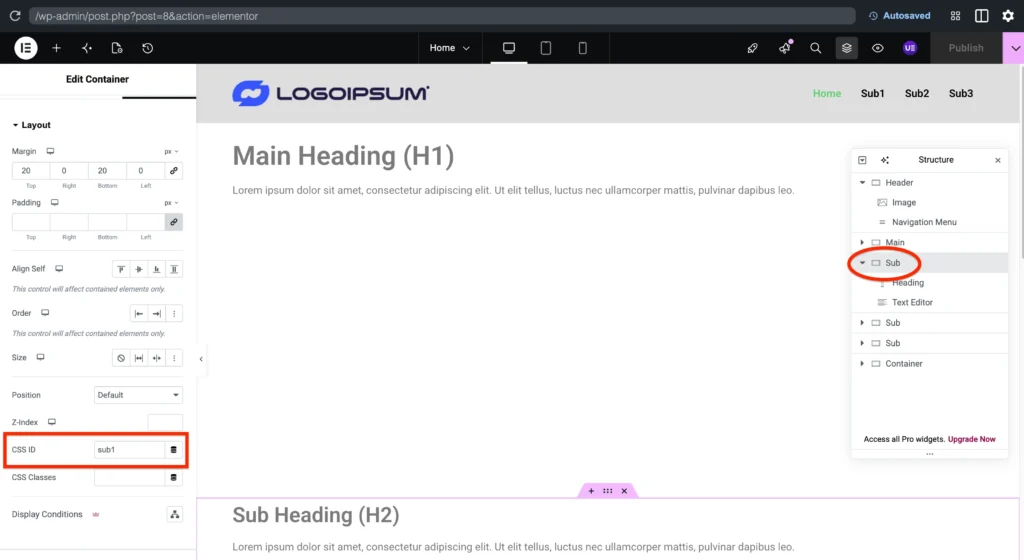 Sub headings with css IDs
